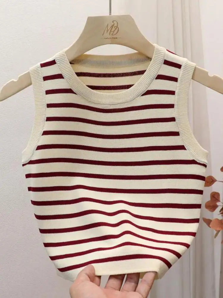 Débardeurs rayés tricotés sans manches pour femme, collection Printemps-Été 2026, style crop top, coupe ajustée élastique, décontracté, pull-over, camisole