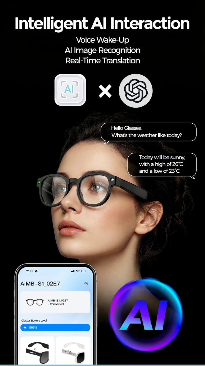Lunettes intelligentes IA 2026 — traduction IA, caméra HD 8MP, vidéo 4K, appel Bluetooth, enregistrement, musique
