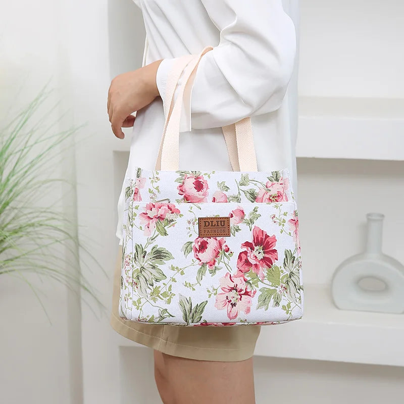 Sac à déjeuner esthétique imprimé Floral, sac à Bento isolé de grande capacité, sac à main isotherme pour l'école, le travail, les voyages et le pique-nique