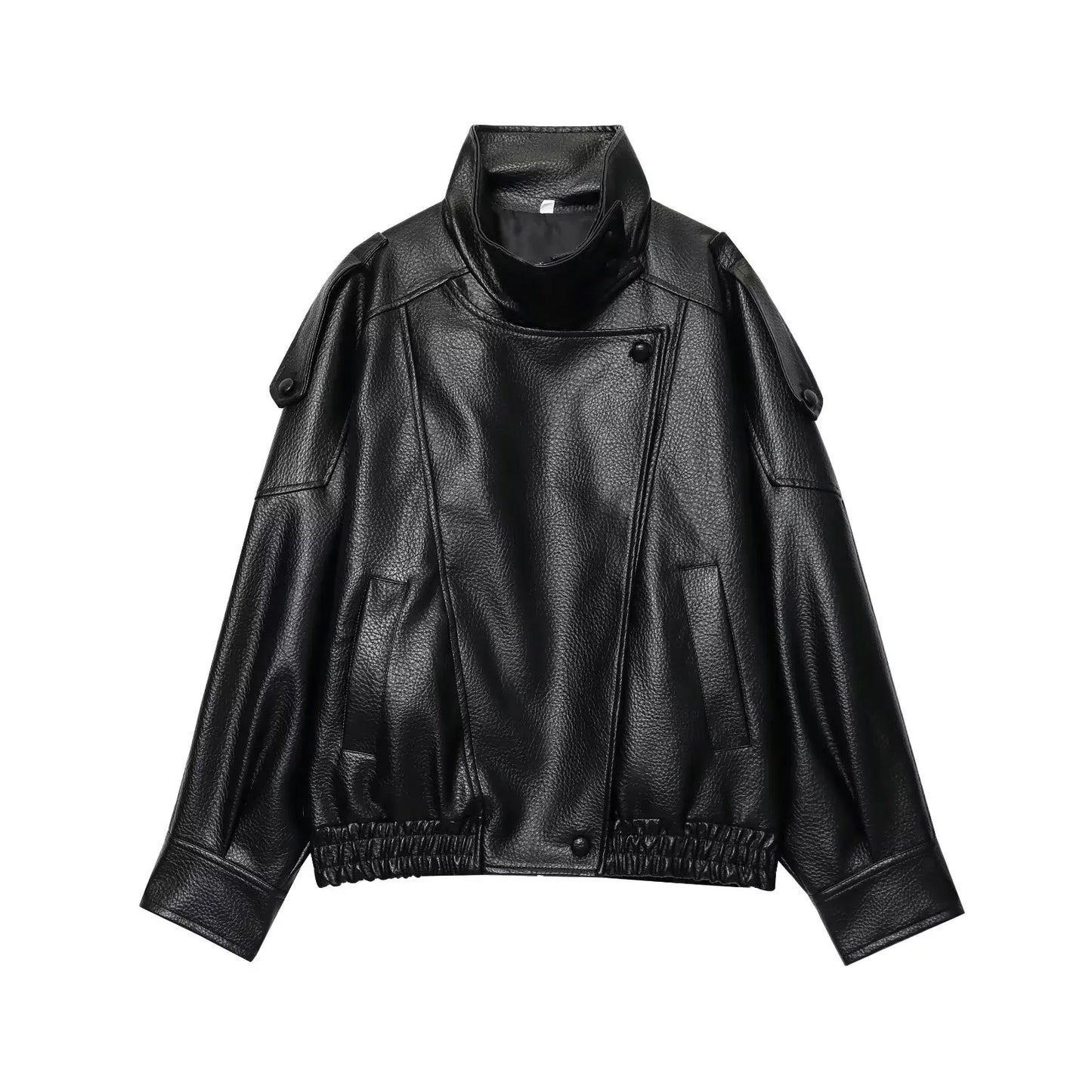 TFMLN – Women's Chic Black Faux Leather Jackets, Oversized Elastic Long Sleeve Button Coats, Autumn Winter Fashion 2025