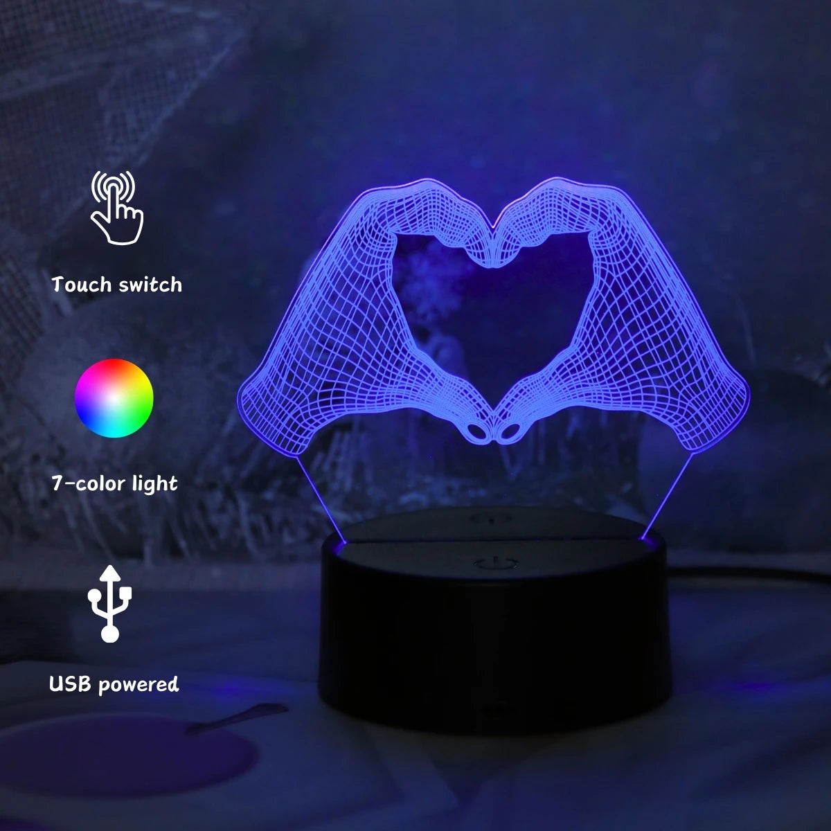 Veilleuse 3D en forme de cœur à deux mains, éclairage LED pour la maison, le bureau, la décoration de Noël, le paupières, la chambre, le cadeau d'anniversaire