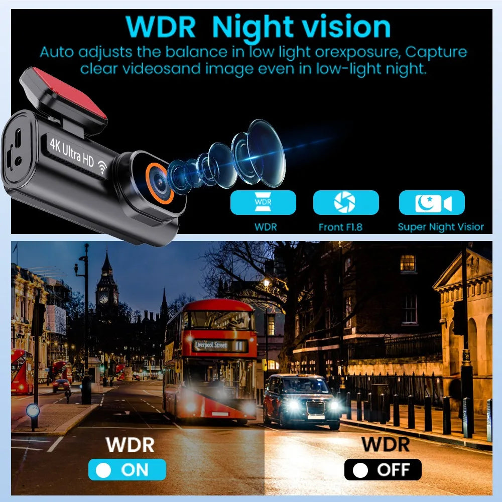 Ultra HD 4K Car Front Dash Cam, Mini WIFI DVR Black Box, with 24H Parking Monitor, Night Vision, Optional GPS/Rear View Camera