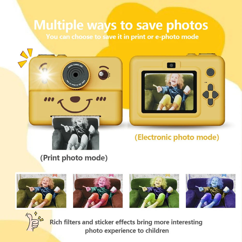 Instant Camera for Kids with 3 Rolls of Thermal Paper, Photo, Video, and Games, 1080p HD Screen, 1500mAh Lithium Battery, Gift for Boys and Girls