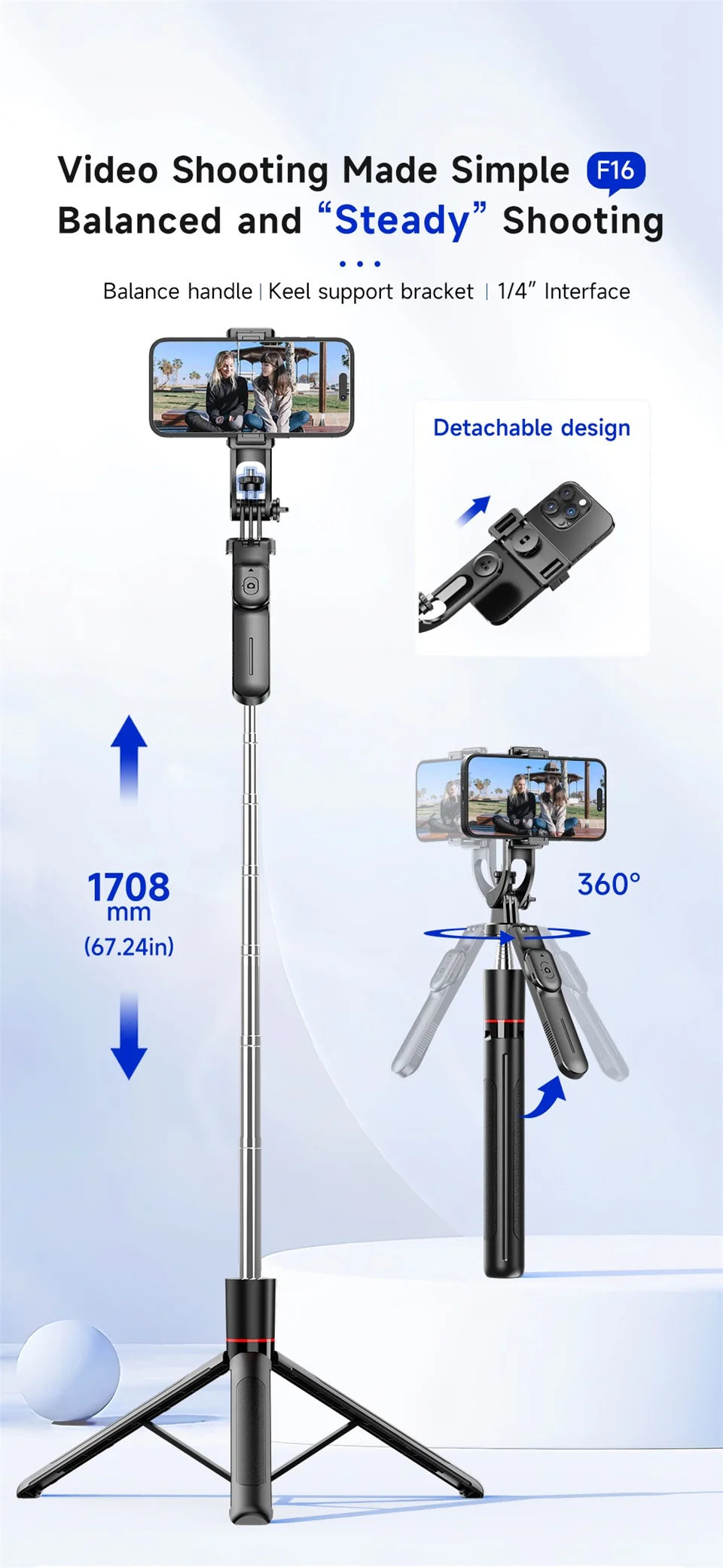 Trépied perche à selfie avec lumière de remplissage — 1708mm, télécommande Bluetooth, rotation 360°, interface 1/4