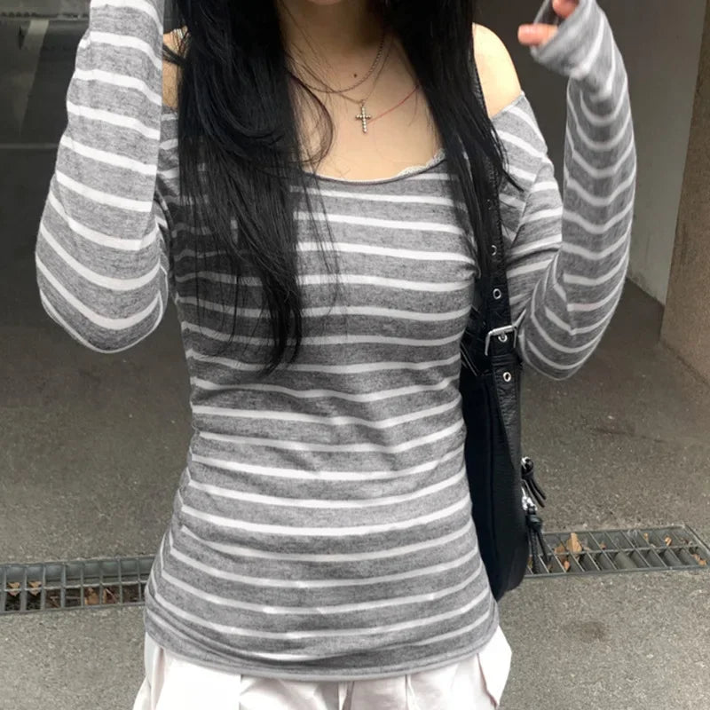 Women's Striped Long Sleeve T-Shirt, New Japanese Basic Styles, Slim, Strapless, Y2K Korean Street Style, Spring Autumn