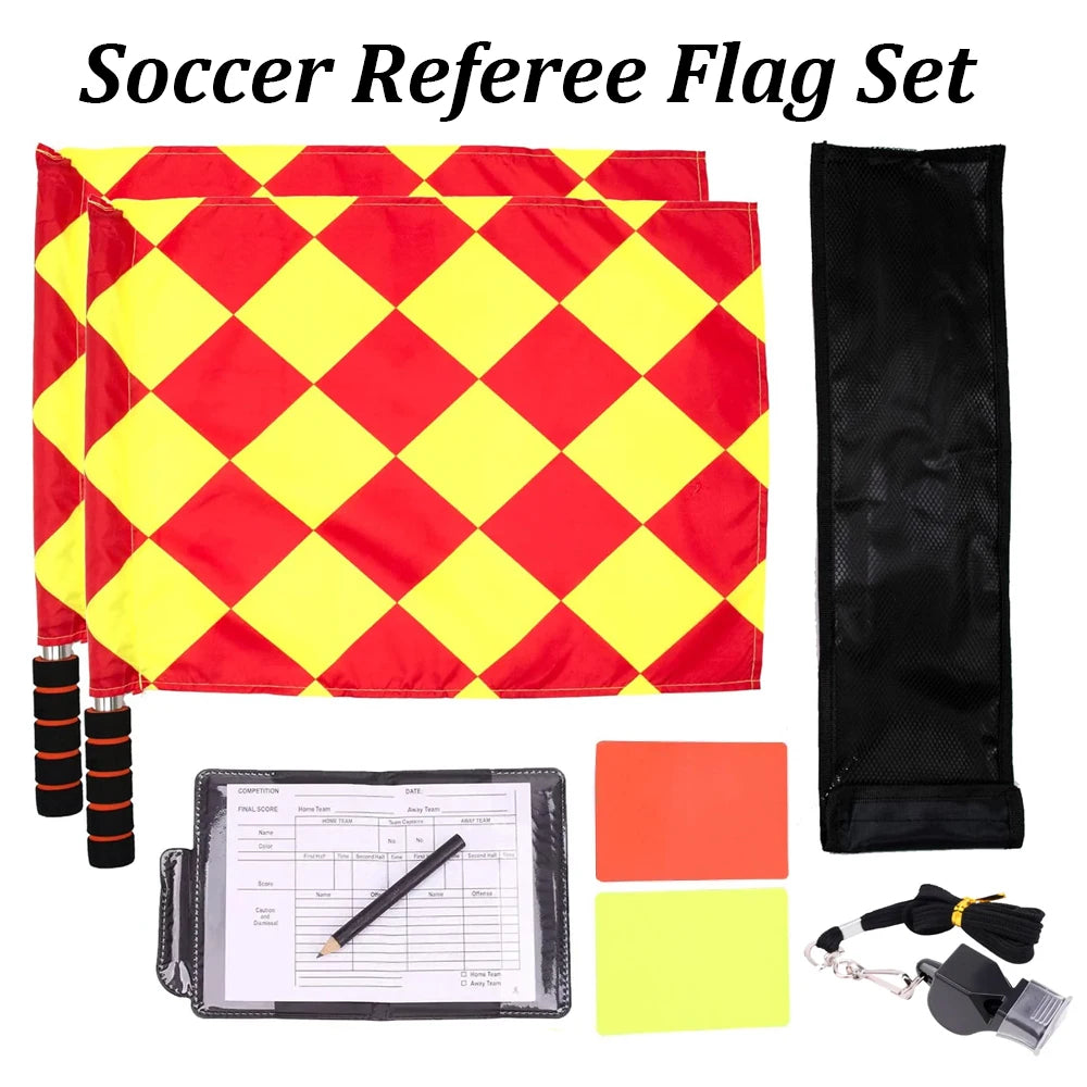 Kit Arbitre Football Complet — Drapeaux À Carreaux, Cartes Rouge & Jaune, Sifflet & Carnet