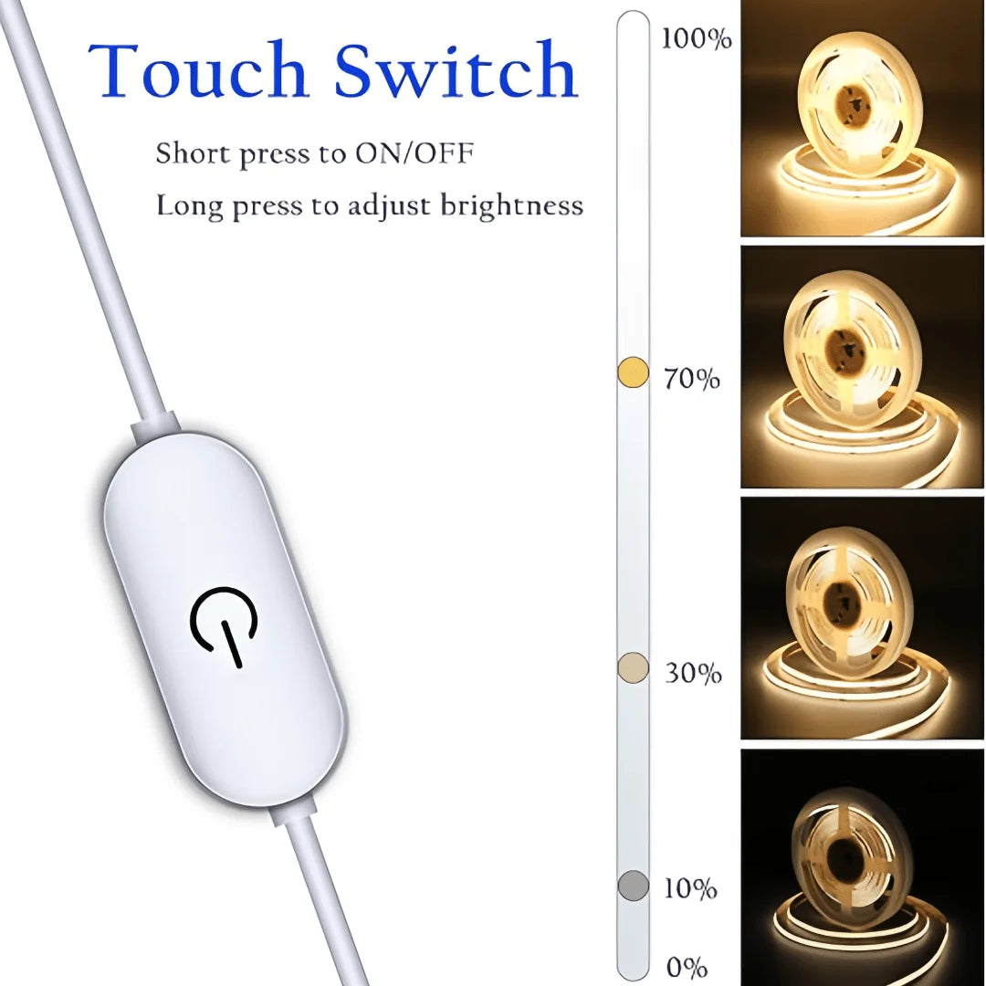 Bande Lumineuse LED COB Tactile, Gradateur Flexible, Ruban à Diodes, USB, Linéaire, Éclairage Nik, Lampe, Salle, Bricolage, TV, Miroir, Rétro-Éclairage, Décoration Murale, 5V