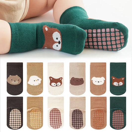 6 pares de calcetines antideslizantes para niños, calcetines de piso cómodos con diseño de zorro y oso de dibujos animados para niños y niñas