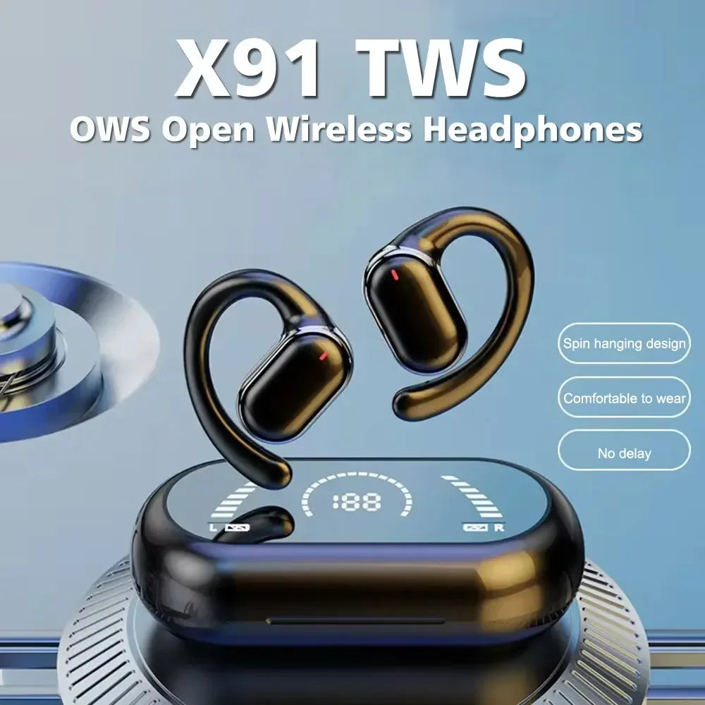 X91 OWS Bluetooth 5.3 Ear Hook Earbuds Low Latency Gaming Sport Headset HiFi Stereo Noise Reduction Headphones