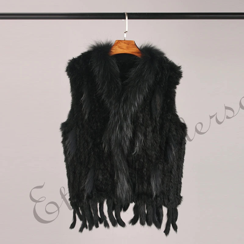 Gilet à glands en véritable fourrure de lapin tricoté — vintage, garniture fourrure raton laveur