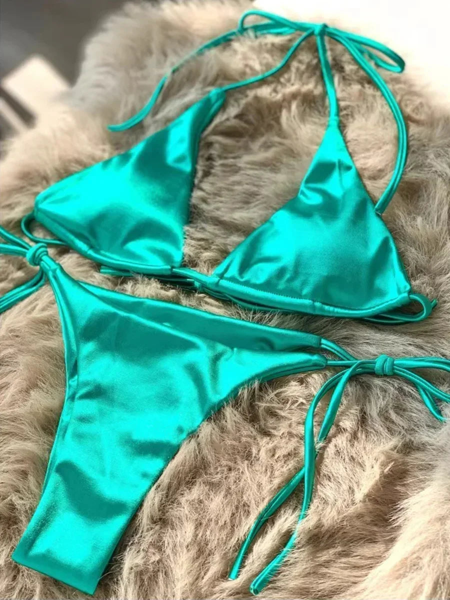 Licou brésilien métallique Satin Bikini femmes maillots de bain femme maillot de bain deux pièces Bikini ensemble coupe haute maillot de bain maillots de bain