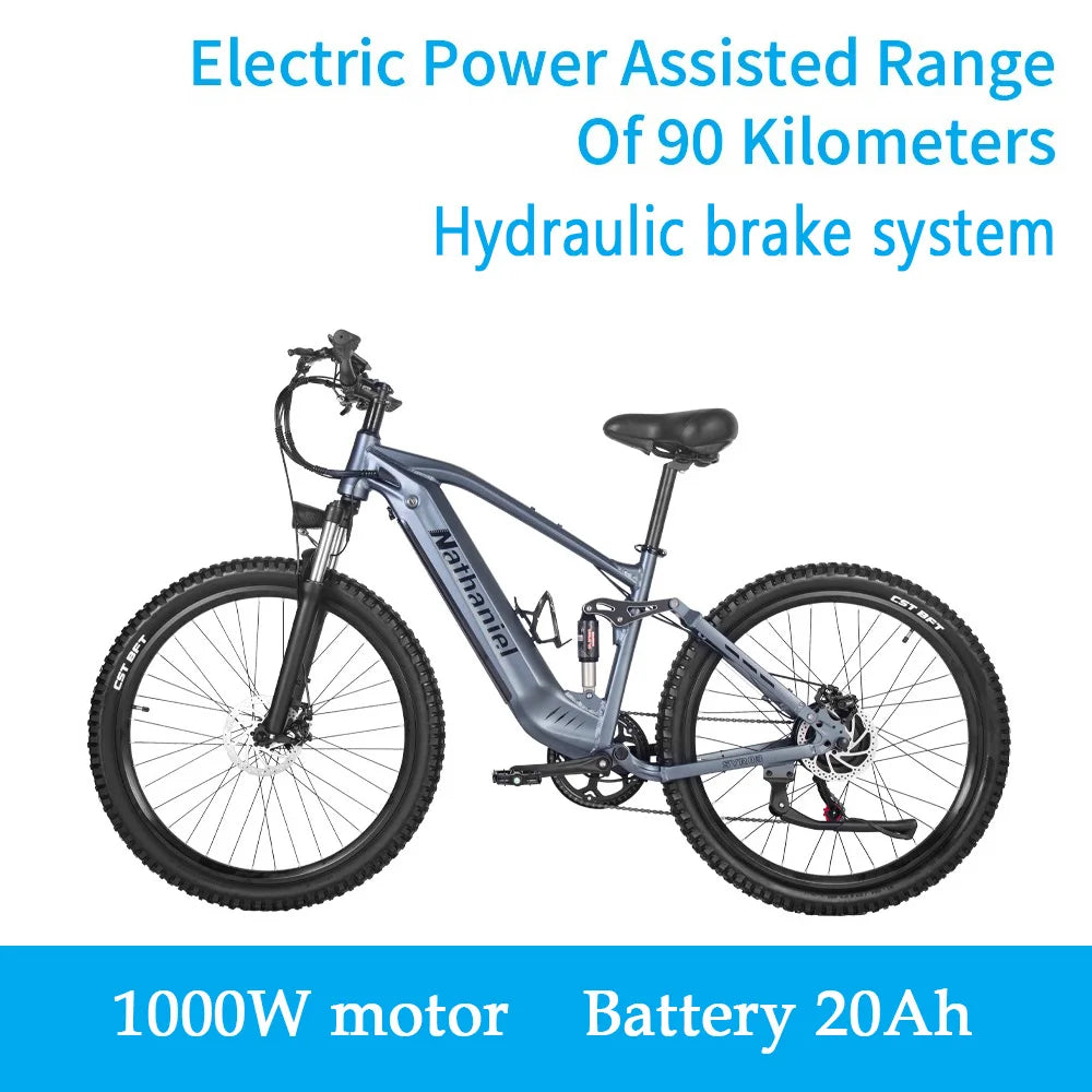 Nathaniel E-Bike, 1000W Brushless Motor, 27.5 Inch Adult Electric Mountain Bike, 45Ah Large Capacity Batteries, 7 Speed, 45KM/H, Outdoor Travel Bike