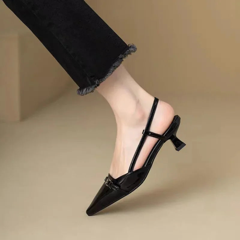 Sandalias de mujer de encanto retro en burdeos con puntera puntiaguda, tiras individuales y tacones bajos sandalias Mujer Zapatos de verano Mujer