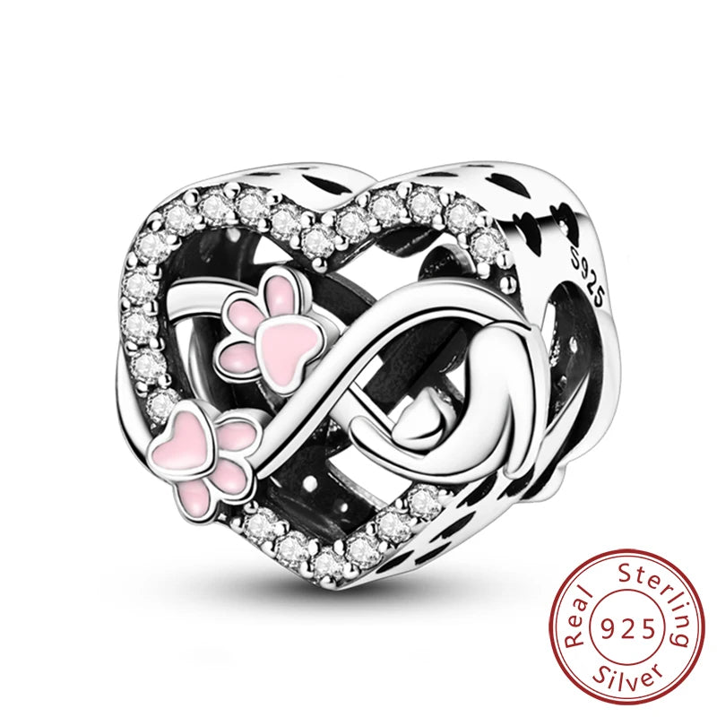 Abalorios de plata de ley 925 con huellas de perro, gato, corazón, animales, abalorios que se ajustan a pulseras, collares, colgantes, joyas para mujer, para hacer tú mismo