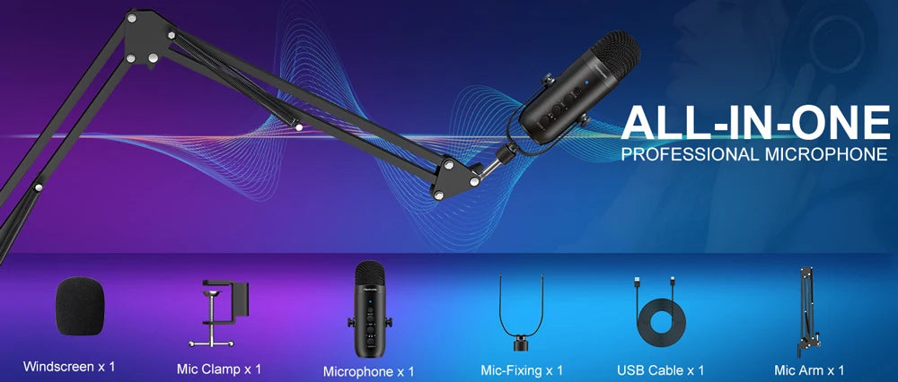 Haomuren – Kit microphone à condensateur cardioïde USB avec bras articulé pour studio et podcast