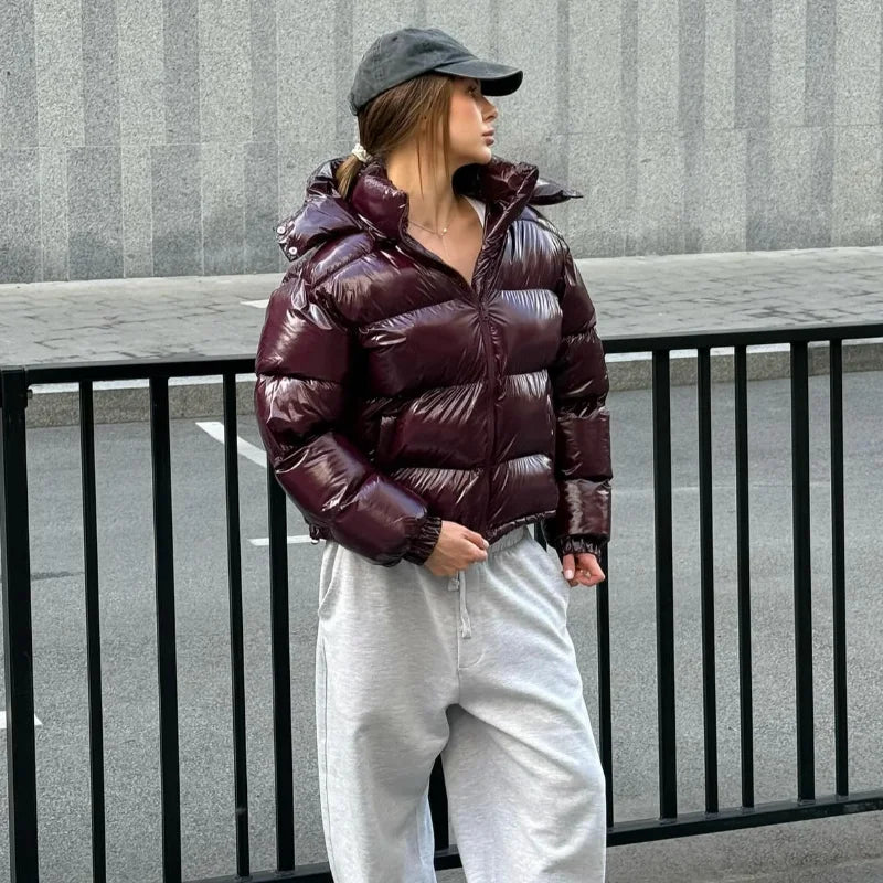 Women's Hooded Coats with Solid Shiny Zipper, Pleated Short Cotton Jacket, Warm Elastic Waist, New 2025 Winter Collection, Street Outerwear