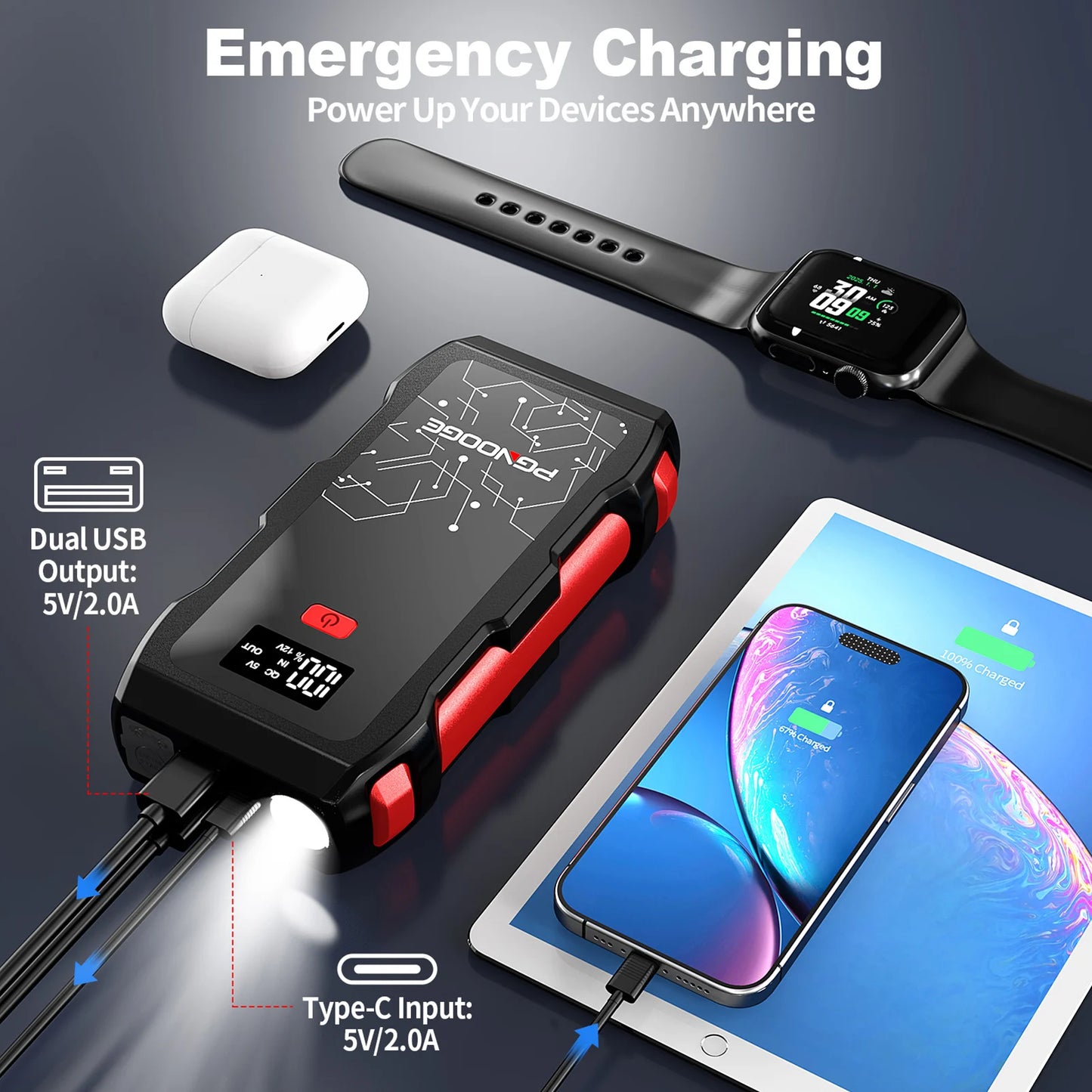 PGNOOGE 26800mAh 6000A de Crête Démarreur de Batterie, Booster de Batterie pour Tous les Moteurs Essence et 10L Diesel, 12V Batterie Voiture avec Lampe Torche, Affichage LED, Charge Rapide USB