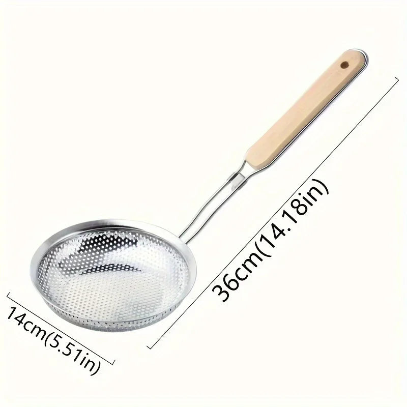 Passoire en acier inoxydable avec manche en bois, écumoire à mailles fines, cuillère pour la cuisson, préparation des aliments, filtrage de graisse pour pâtes et nouilles
