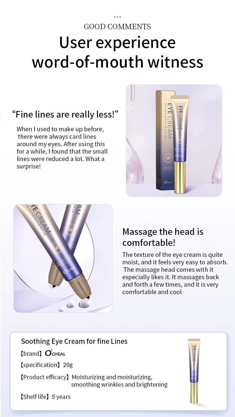 O'CHEAL – Crema antiarrugas para ojos con bola rodante, secado rápido, hidratante, ácido hialurónico, suero refrescante para ojos, atenúa las líneas finas