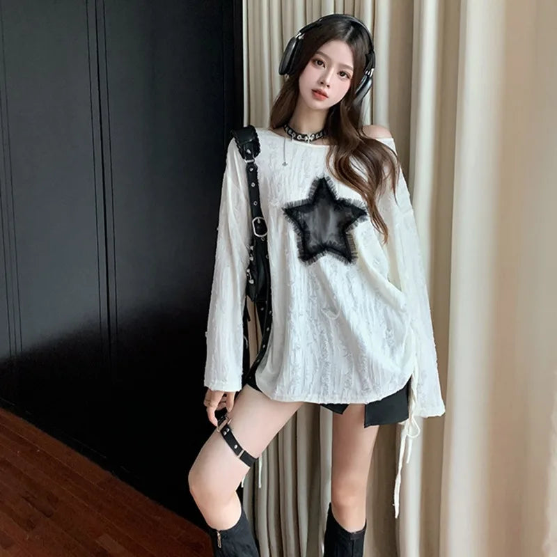 Liquidación_Harajuku Camisetas tops de moda estrella ahuecada manga larga coreana Kawaii Ropa Mujer Casual Y2k Camiseta ropa